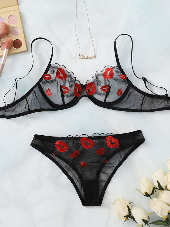 Embroidered Mesh Underwire Lingerie Set